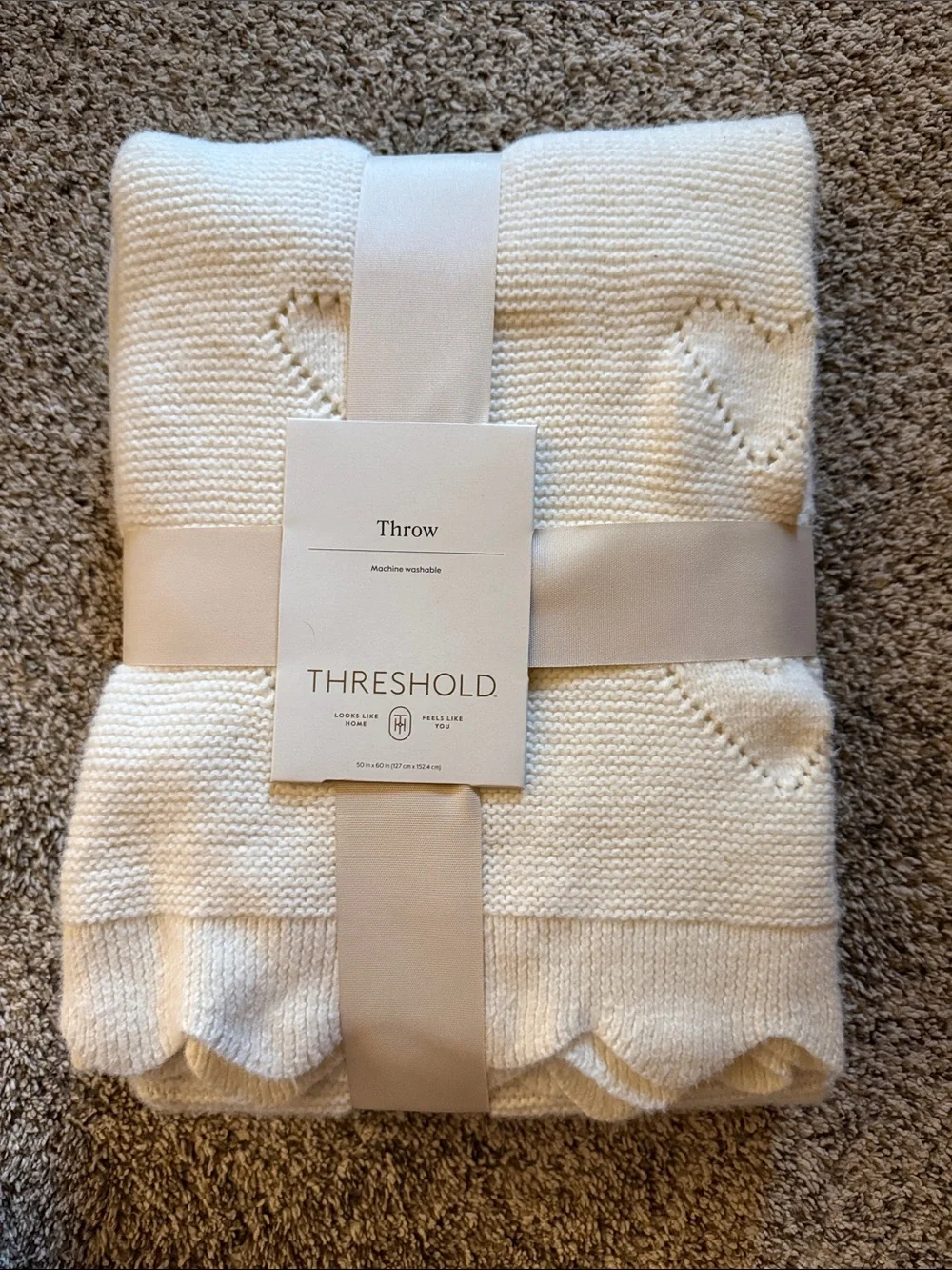 Threshold Cream Knit Throw with Heart Stitch Motif
